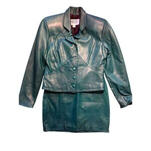 Firenze Santa Barbara Green Leather Jacket Size Medium & Skirt Set Size 8